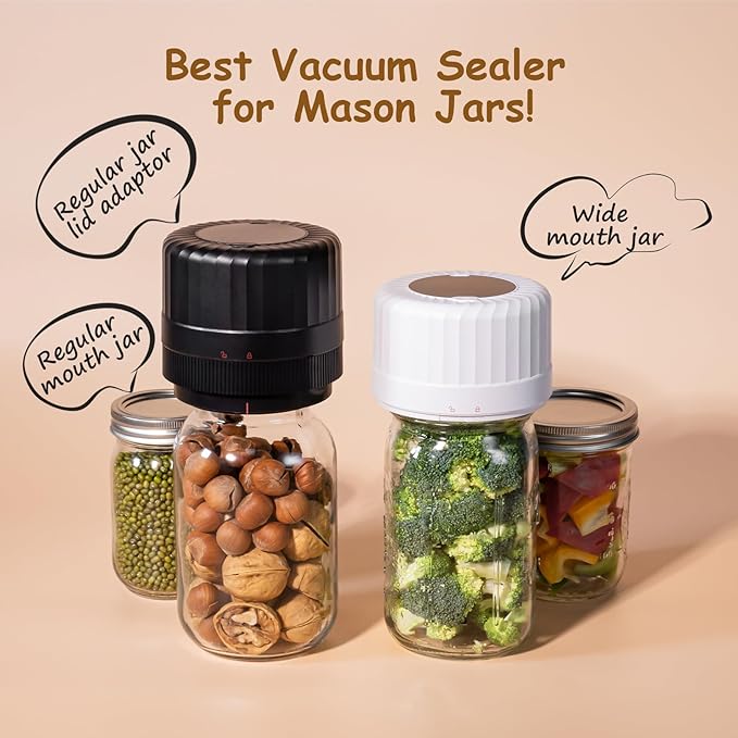 HTPOW Automatic Mason Jar Vacuum Sealer, One-Touch for Food Storage | Canning, pickling, one-touch operation, 1300mAh rechargeable battery, wide & regular mouth jar compatible