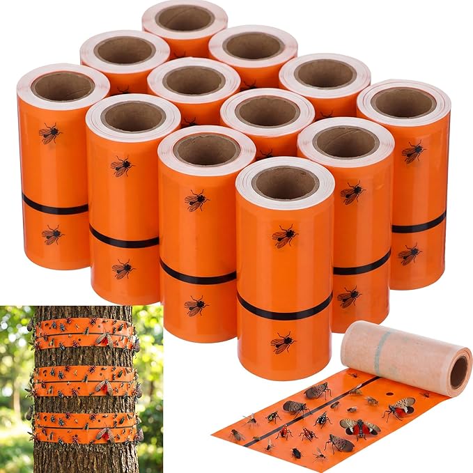 12 Rolls (30 Feet Each) Spotted Lantern Fly Tree Trap Outdoor Fruit Fly Sticky Strips Paper Ant Insect Sticky Barrier Tree Trunk Wraps to Protect Trees Plants, Lawn, Garden(Orange)