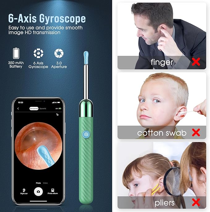 LEIPUT Ear Wax Removal - Earwax Remover Tool with 8 Pcs Ear Set - Ear Canal Cleaner with 1080P Camera - Ear Cleaning Kit with 6 Ear Spoon - Ear Camera for iOS & Android (Green)