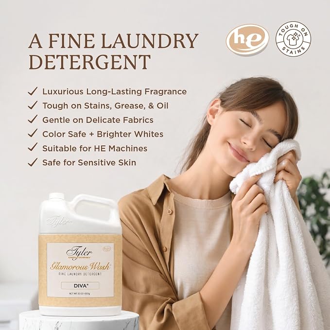 Tyler Glamorous Wash Diva Fine Laundry Detergent with a Kinara Stain Remover Pen and Dryer Sachets - Liquid Detergent Designed for Clothing - Hand and Machine Washable (32 Oz)