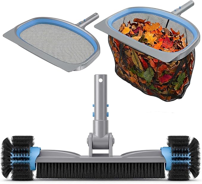 UIRWAY 3-in-1 Deluxe Swimming Pool Cleaning Kit - Includes Pool Brush with Detachable Side Round Ends, Deep Leaf Skimmer Net & Flat Fine Mesh Net for Inground & Above Ground Pools Cleaning(No Pole)