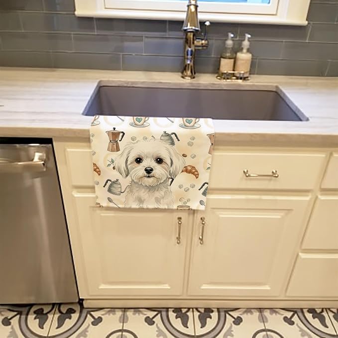Caroline's Treasures Maltese Coffee Bar Kitchen Towel Velour Plush Front and Cotton Loop Back Machine Washable