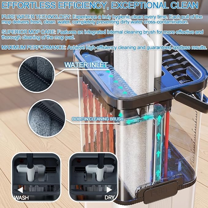 Mop and Bucket Set with Wringer,Separate Clean Dirty Water, Self Wringing Microfiber Dust Flat Mop for Hardwood Floors, Kitchen, Wall Cleaner -with 4 Washable Microfiber Pads