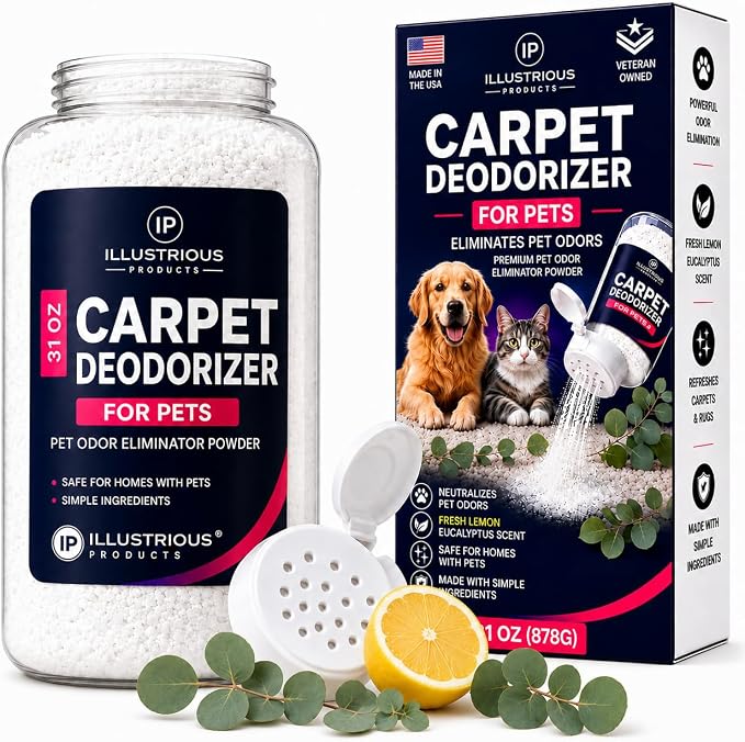 Carpet Deodorizer for Pets – Pet Odor Eliminator Powder for Strong Dog & Cat Urine Odors – Baking Soda Carpet Freshener for Carpets & Rugs – Lemon Eucalyptus Scent – 31 oz