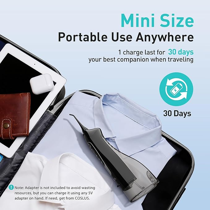 COSLUS Water Dental Flosser Teeth Pick C20: Portable Cordless Oral Irrigator 300ML Rechargeable Travel Irrigation Cleaner IPX7 Waterproof Electric Flossing Machine for Teeth Cleaning, Black