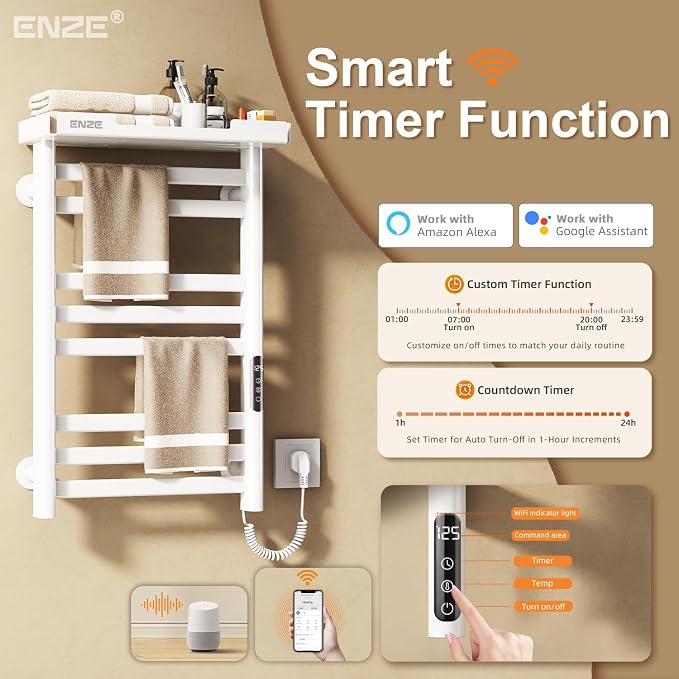 ENZE Smart Heated Towel Rack, 8-Bar Wall-Mounted Electric Towel Warmer with Shelf, Wi-Fi App Control, Adjustable Temperature & 24H Timer, Low Carbon Steel, IPX5, Plug-in/Hardwired, White