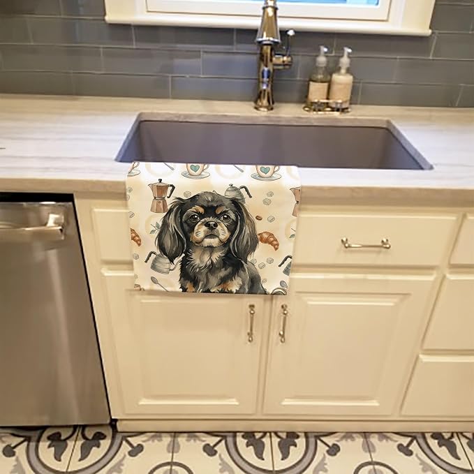Caroline's Treasures Black and Tan Tibetan Spaniel Coffee Bar Kitchen Towel Velour Plush Front and Cotton Loop Back Machine Washable