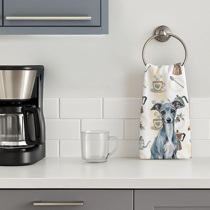 Caroline's Treasures Blue Italian Greyhound Coffee Bar Kitchen Towel Velour Plush Front and Cotton Loop Back Machine Washable