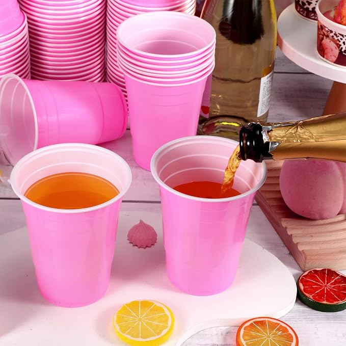 Lounsweer 100 Pcs 16 oz Disposable Party Cups Plastic Heavy Duty Drinking Water Cups for Birthday Baby Shower Wedding BBQ Picnic Party Supplies(Pink)