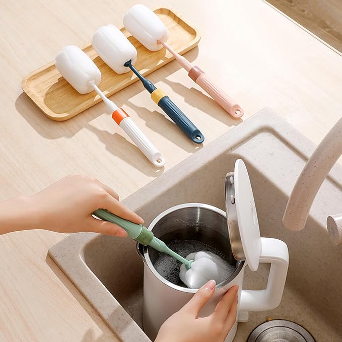 Dishwashing Foam Sponges Brush Telescopic Long Handle Scrubbing Brushes for Clean Dishes, Sinks,Cookware,Coffee Glasses Pot Milk Cup Mugs Wine Bottle (4pcs+4straw Brush)