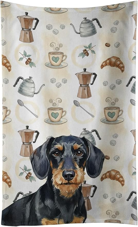 Caroline's Treasures Wirehaired Black and Tan Dachshund Coffee Bar Kitchen Towel Velour Plush Front and Cotton Loop Back Machine Washable