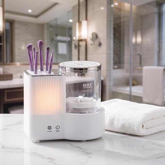 Makeup Brush Cleaner and Dryer Machine, 2-in-1 Electric Brush Cleaner with 360° Dual Rotation, Wet-Dry Separation, Multi-Brush Holder for All Size Makeup Brushes, 5-Min Fast Clean & 1/2H Timed Dry
