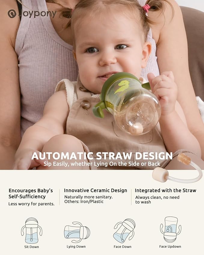 Joypony Baby Sippy Cups 6-12 Months, Spill Proof Weighted Straw Cup with Handle for Toddlers 1-3, 2 Pack, Total 4 Silicone Straws, PPSU, BPA Free, 6 oz (Green)