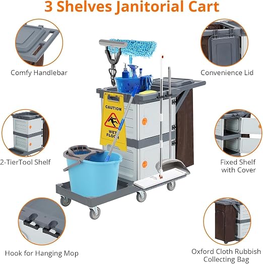 Janitorial Cart with 2 Cabinet, Commercial Traditional Janitorial 3-Shelf Cleaning Cart On Wheels with Cover and Vinyl Bag, for Housekeeping Hotels Apartment