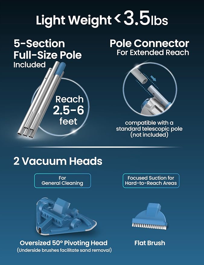 KOKIDO Rechargeable Cordless Pool Vacuum for Above Ground Pool and Pond Cleaner, 72” Aluminum Pole, Standard & Fine Filters, 2 Brush Vac Heads, Handheld Pool Cleaner Spot Clean Inground Pools XV320