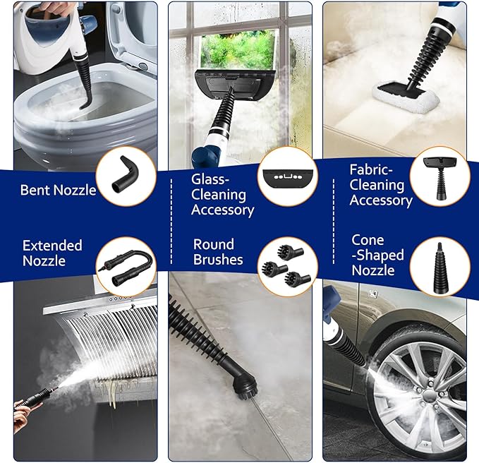 Pressurized Handheld Multi-Surface Natural Steam Cleaner with 12 pcs Accessories, Multi-Purpose Steamer for Home Use, Steamer for Cleaning Floor, Upholstery, Grout and Car (Grey) (White&Blue)