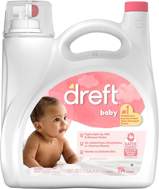 Dreft Baby Liquid Laundry Detergent, Gentle on Sensitive Skin Laundry Soap, 150 fl oz, 114 Loads (Packaging May Vary)