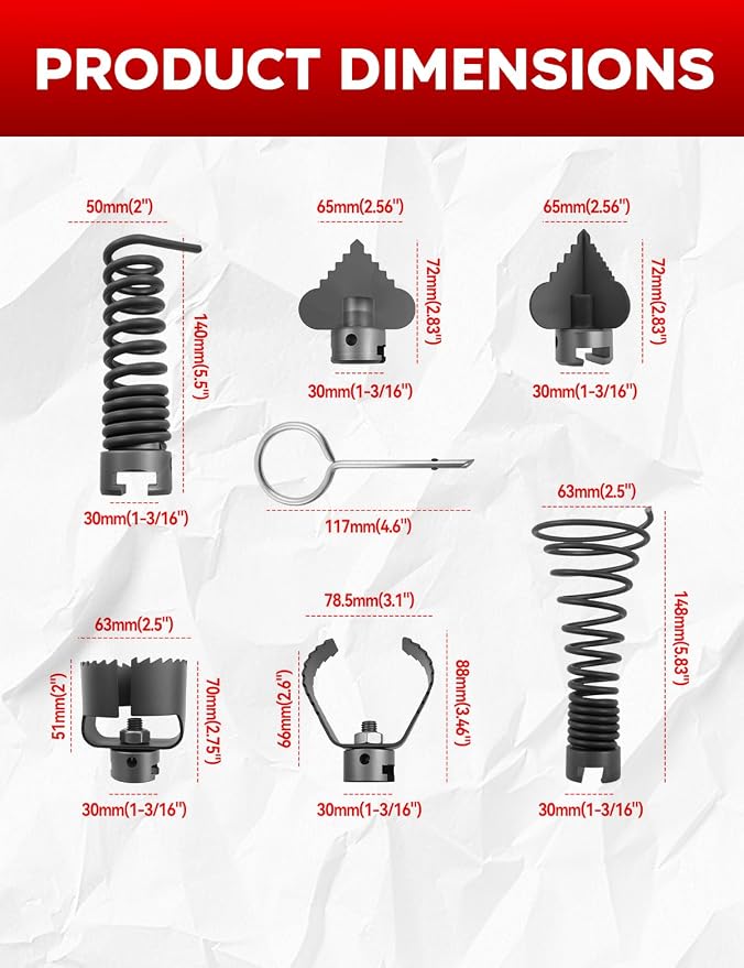 6PCS 30mm Drain Cleaning Attachment Set Fit for K-60SP/ K-60SE/ K-750/ RID-GID C-7 C-8 C-8IC C-9 C-10 C-10IC Cables, Fit for Cables with 5/8" to 7/8"