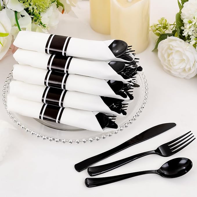 Supernal 120 Pack Black Plastic Silverware,Rolled Silverware Disposable,Pre Wrapped Cutlery Set with Napkin,Plastic Utensils Heavy Duty, Rolled Black Cutlery