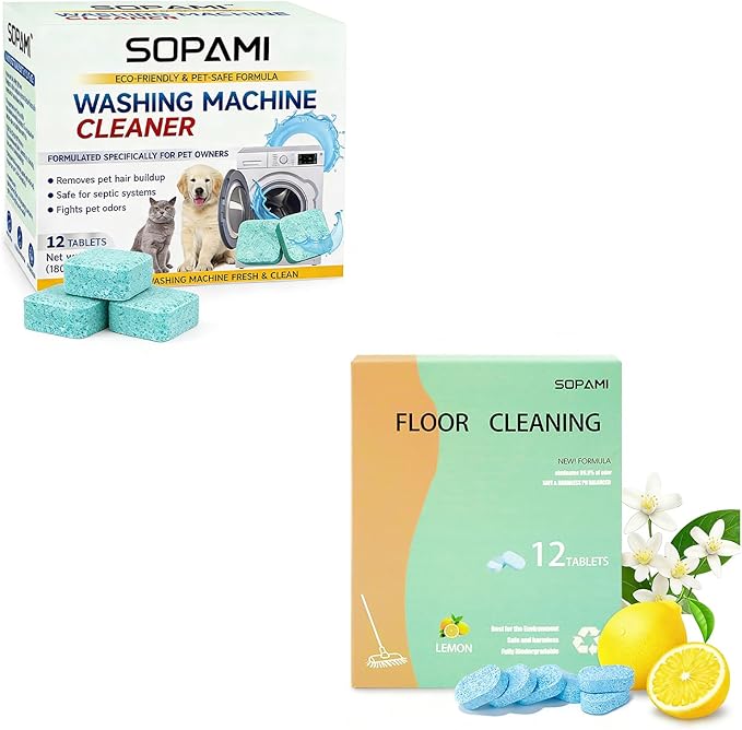 SOPAMI Washing Machine Cleaner Tablets 12-Pack and 12pcs Floor Cleaning Solution Tablet Deep Cleans