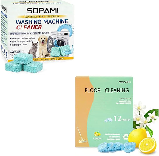 SOPAMI Washing Machine Cleaner Tablets 12-Pack and 12pcs Floor Cleaning Solution Tablet Deep Cleans