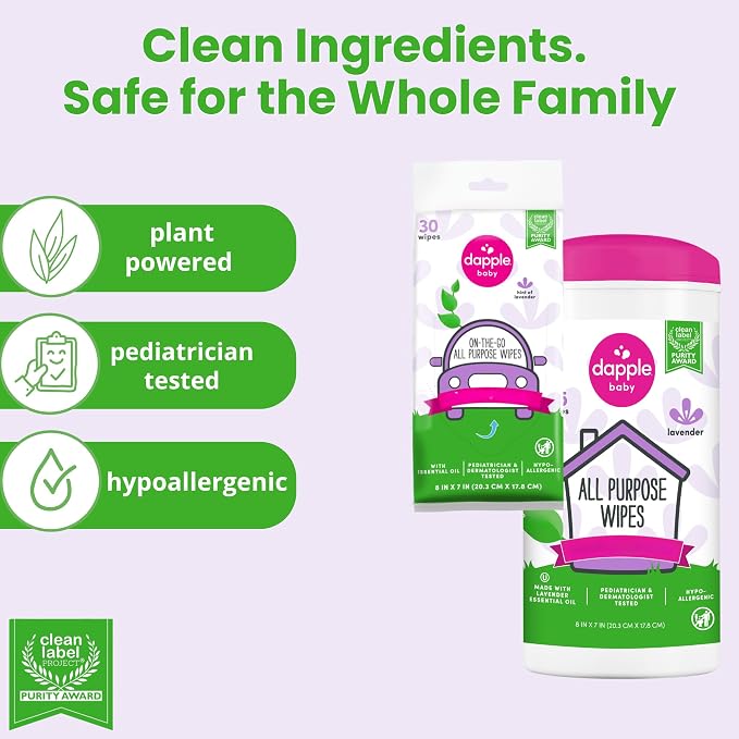 Dapple Baby All Purpose Wipes, Plant Powered, Hint of Lavender, Hypoallergenic, 75 Count Canister + 30 Count