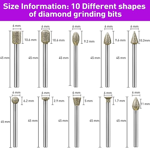 46Grit Diamond Grinder Bit 1/8" Shank Compatible with Dremel Rotary Tool, 12Pcs Stone Carving Diamond Drill Bits for Carve Engrave Polish Wood Resin Porcelain Ceramic Quartz Metal