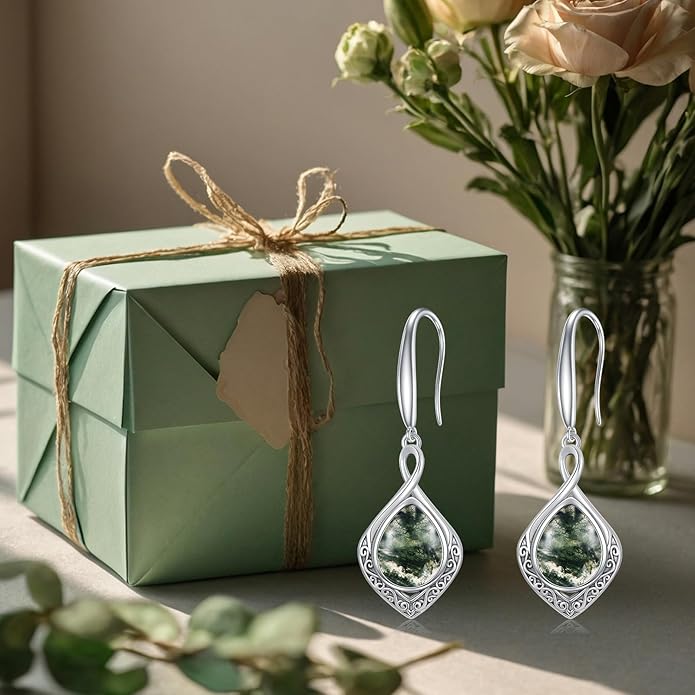 PELOVNY Celtic Knot Filigree Earrings for Women 925 Sterling Silver Moss Agate/Birthstone Infinity Earrings Birthday Christmas Jewelry Gifts for Mom Daughter Wife Sister