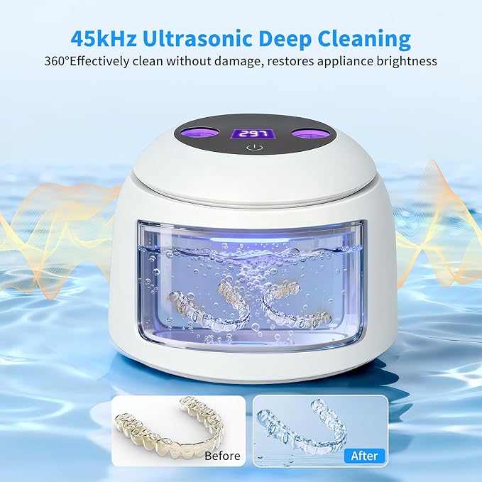 Ultrasonic Retainer Cleaner Machine, 45kHz Dental Ultrasonic Cleaner for Denture, Mouth Guard, Aligner, Braces, Toothbrush Heads, Jewelry, 5 Modes Cleaning, Digital Timer & 200ML Capacity