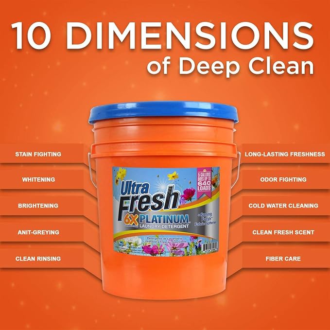 Ultra Fresh 5 Gallon Liquid Laundry Detergent Washing Soap with Spring Fresh Fabric Softener for All Machine Types, 6X Platinum, Up to 640 Loads