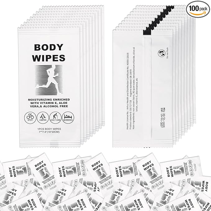 twoworld Body Wipes for Women and Men, Individually Wrapped Face and Body Wipes, No Rinse Personal Cleansing Wipes, Travel, Bulk (100 Count)