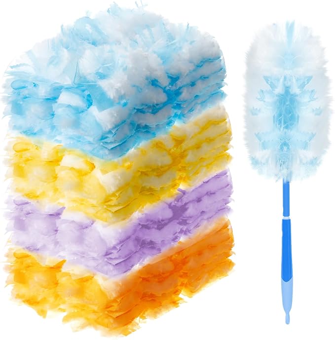 Vesici 150 Pcs Duster Refills Compatible with Swiffer Dusters Bulk Disposable Replacement Thickened with 1 Handle Heavy Duty for Cleaning, Office (Yellow,Blue,Orange,Purple)