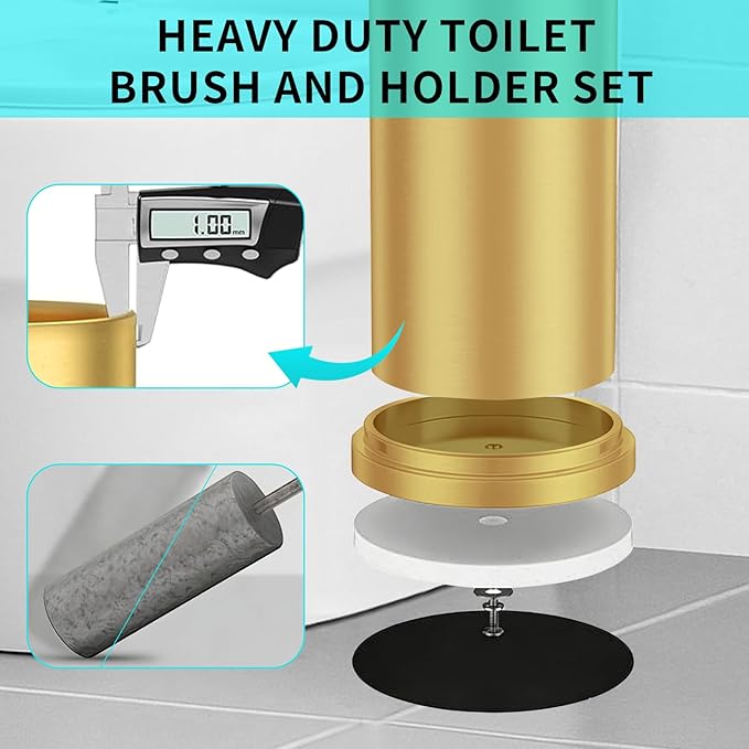 Gold Toilet Brush and Holder Set,304 Stainless Steel Toilet Brush for Bathroom with Long Handle, Heavy Duty Brass Toilet Bowl Brush,Removable Inner Bowl and Splash Protection,Deep Cleaning