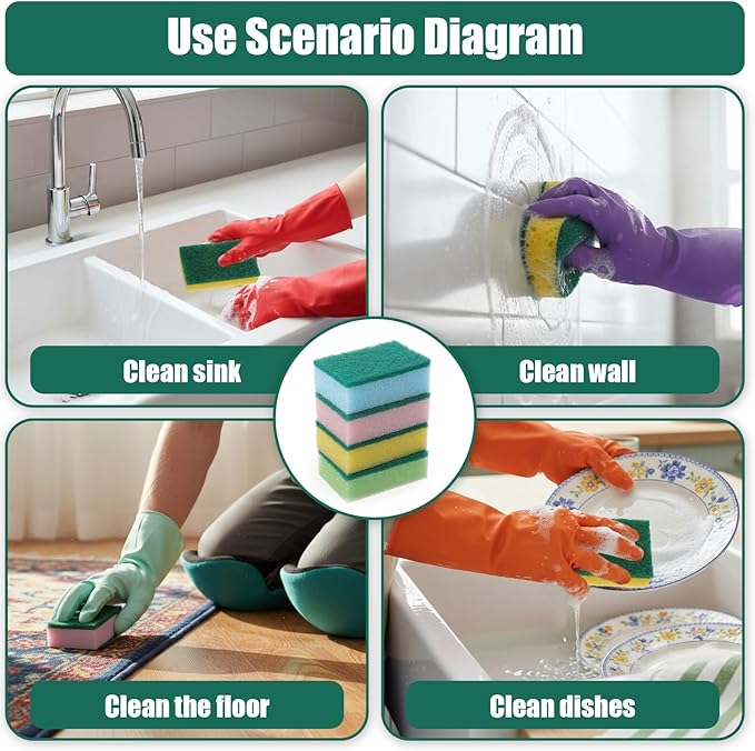 100 Pcs Heavy Duty Cleaning Scrub Sponges for Kitchen Abrasive Scrubber Sponge Bulk One Scouring Scrubbing One Absorbent Dish for Washing Dishes Kitchen, Assorted Colors