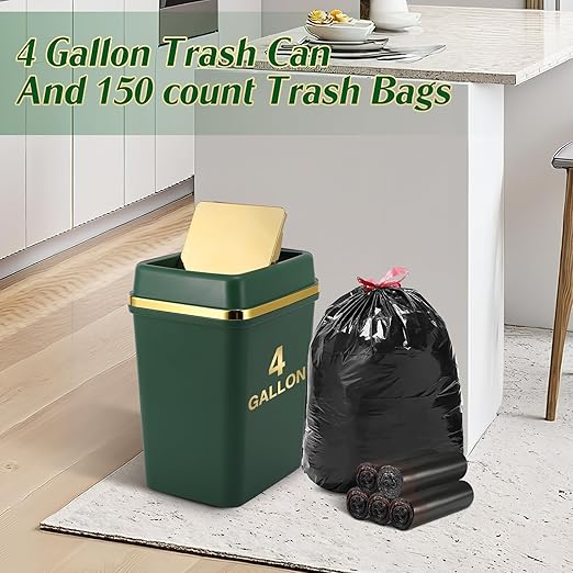 Bathroom Trash Can with Lid 4 Gallon Trash Can with Swing Lid Dark Green Small Garbage Can Bathroom Garbage Can with 150 Counts Trash Bags for Kitchen Bedroom Office
