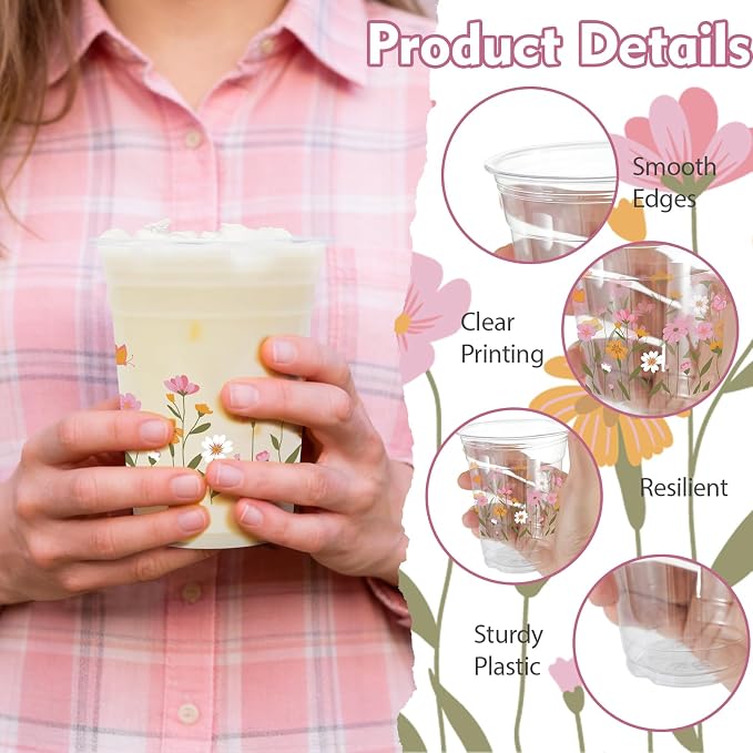 100Pcs Flower Plastic Party Cups, 12oz Flower Disposable Clear Cups for Spring Parties, Picnics, Holiday Gatherings, Floral Theme Birthday Party Drinking Supplies
