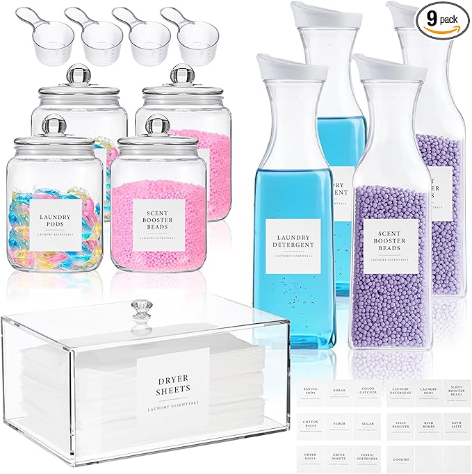 Suclain 9 Pack Laundry Room Organization Storage Containers Glass Jar Dryer Sheet Holder and Detergent Container with Lid Spoons and Labels Set for Powder, Scent Booster