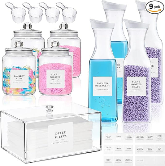 Suclain 9 Pack Laundry Room Organization Storage Containers Glass Jar Dryer Sheet Holder and Detergent Container with Lid Spoons and Labels Set for Powder, Scent Booster