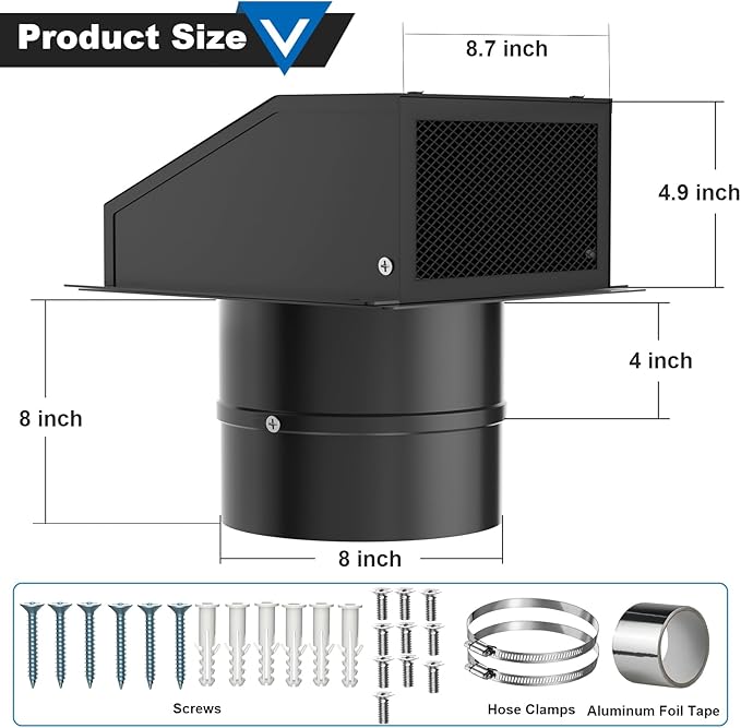 8 Inch Wall Vent with Screen and Damper, Galvanized Steel Hooded Wall Vent Cover with Hose Clamps Aluminum Foil Tape Screws Black Metal Exhaust Duct Cap Kit for Outdoor Kitchen Range Hood Bathroom