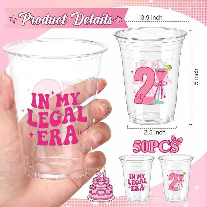 Jingmore 50 Pcs Birthday Plastic Cups 12 oz Birthday Disposable Plastic Cups Thick Clear Drinkware for Men Women Celebrate Party Supplies(pink 21st)
