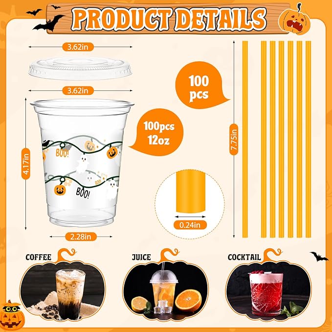 LemonRoad 50 Pcs 12oz Halloween Plastic Cups with Straws and Lids, Disposable Clear Party Cups Pumpkin Ghost Witch Drinking Set for Halloween Birthday Party Favors Supplies(Orange,Classic Style)