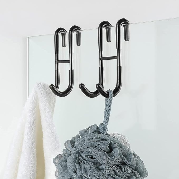 Simtive 10-Inch Shower Squeegee (Includes 1 Shower Door Hook and 1 Adhesive Hook), Shower Door Hooks (2-Pack), Both Black, 2 Item Bundle