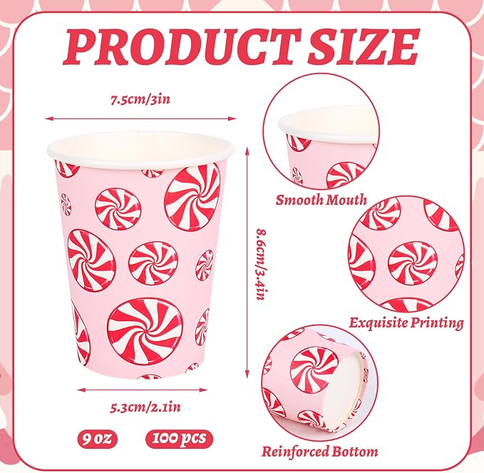 JarThenaAMCS 100Pcs Christmas Paper Cups 9Oz Red White Xmas Candy Cane Stripe Disposable Drink Cups for Winter Holiday Party Supplies Tableware Decor
