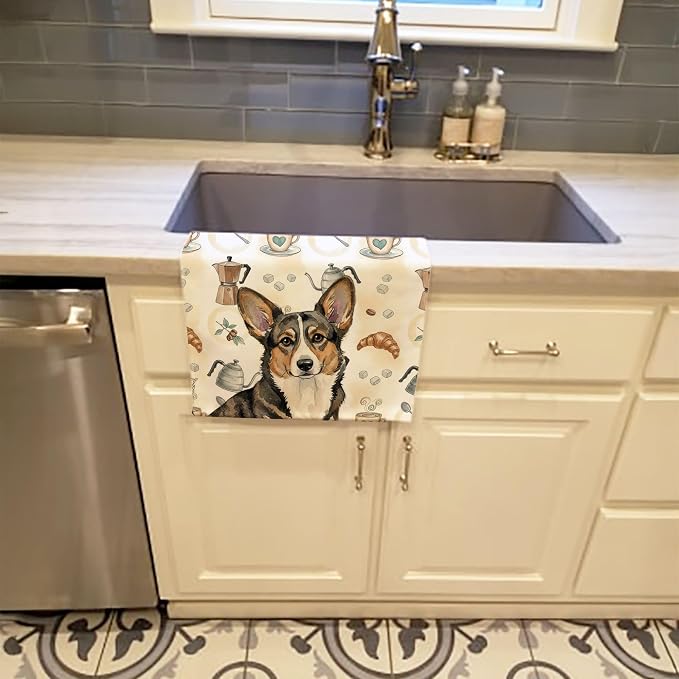 Caroline's Treasures Brindle Cardigan Welsh Corgi Coffee Bar Kitchen Towel Velour Plush Front and Cotton Loop Back Machine Washable