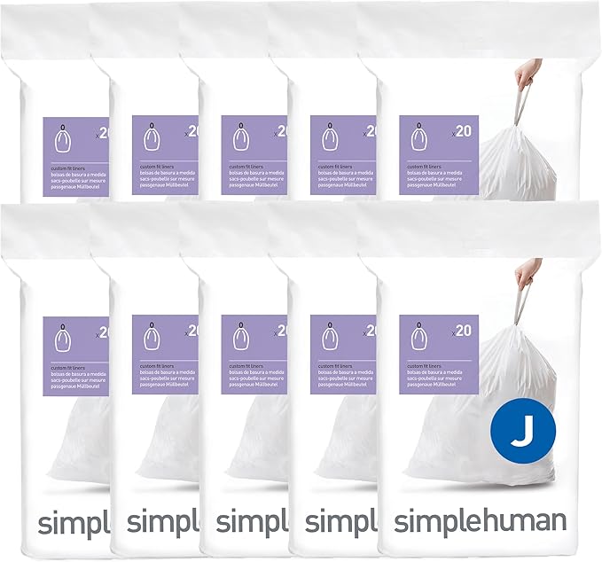 simplehuman Code J 200 Count, Dispenser Pack Custom Fit Liners, Drawstring Trash Bags, 30-45 Liter / 8-12 Gallon, White
