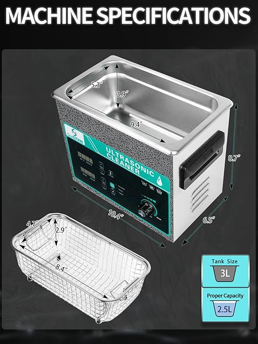 Ultrasonic Cleaner 3L with Adjustable Power & Sweep, 120W Ultra Sonic Cleaning Machine, Digital Timer and Heater, Heavy-Duty Parts Cleaner for Industrial, Motorcycle, and Hardware Tools