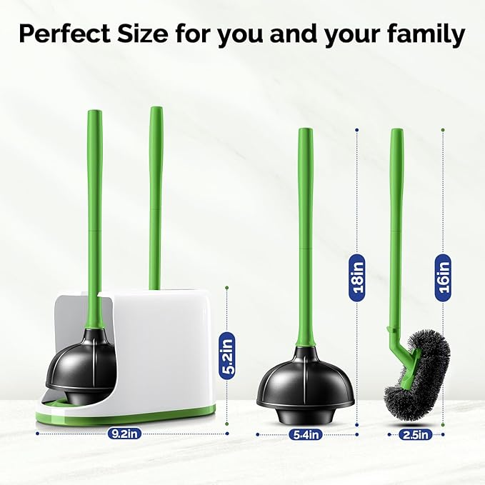 HAMITOR Toilet Plunger Bowl Brush Combo：Heavy Duty Rubber for Drain Clog Remover - Curved Design Bristles for Deep Cleaning Under Rim - Compact Bathroom Cleaning Tools for New Homet Essentials-Green