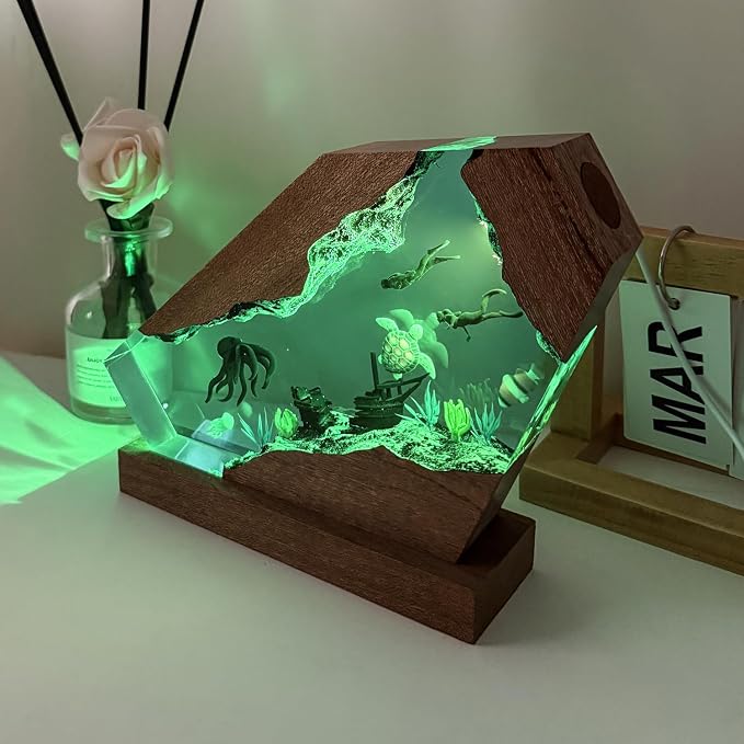 Octopus Resin Lamp, Handcrafted RGB Ocean Lamp with Wooden Base,Octopus Decor for Bedroom, Scuba Diving Gifts for Him & Her, Unique Birthday & Holiday Gifts (S 6"X4")