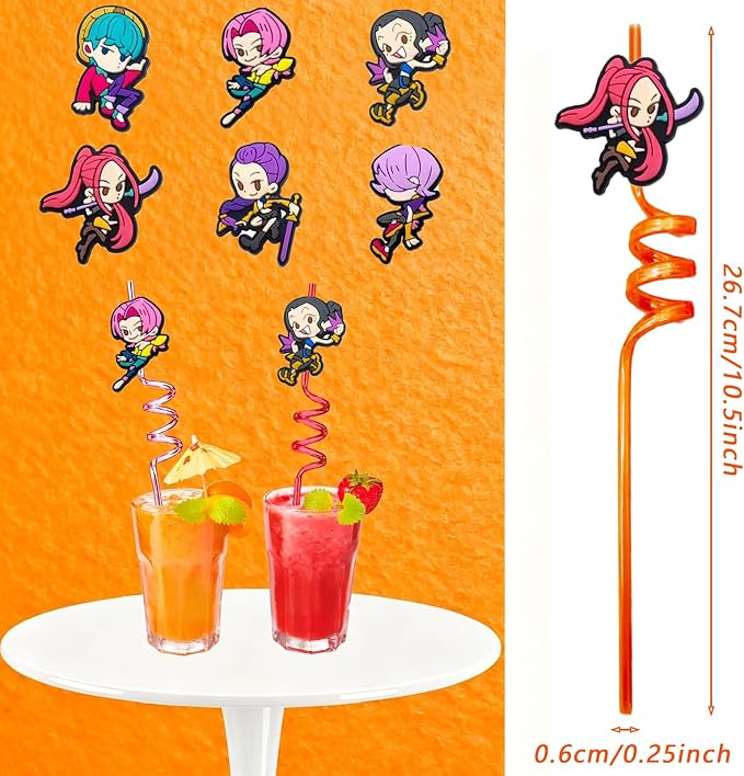 30pcs Demon movie Hunters Straws Hunters Party Supplies Favors With 2pcs Cleaning Brush Plastic Reusable Straws Birthday Party Supplies For Boys Girls