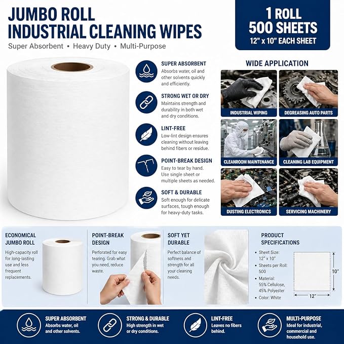 4 Rolls Industrial Cleaning Wipes Jumbo Roll, Heavy Duty Lint Free Shop Towels, Super Absorbent Reusable Cleaning Cloths for Garage Workshop Automotive, 500 Sheets 10 x 12 Inch (White, 10"X12")